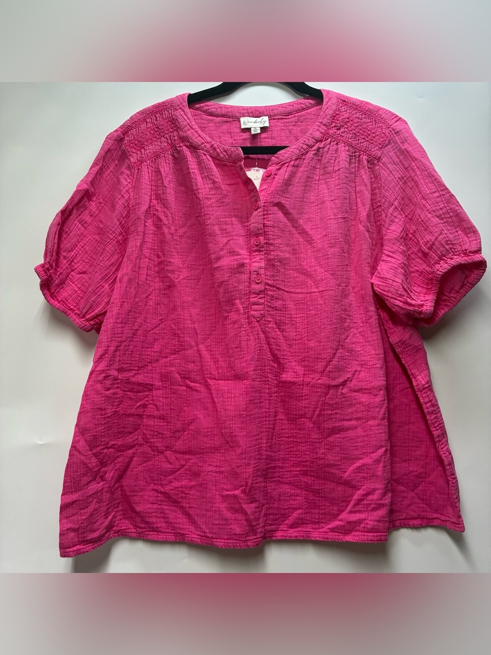 NEW Wonderly XL Hot Pink Gauze Cotton Top Blouse Buttons Puff Sleeve Belk Summer